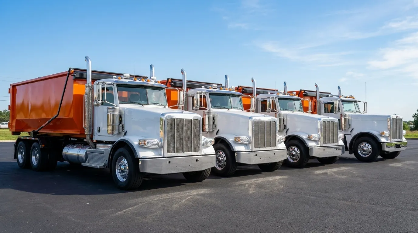 A row of Fast Dumpster roll-off trucks with orange containers