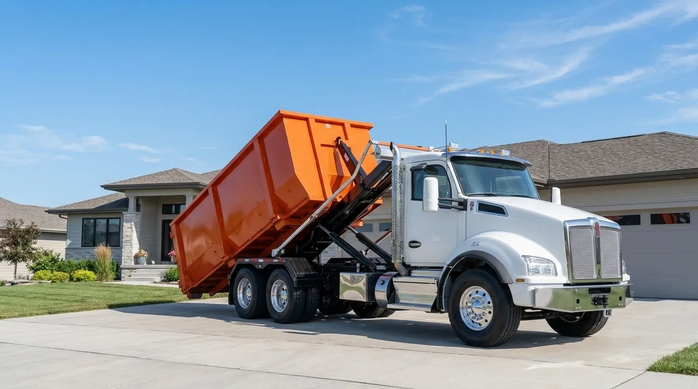 A Fast Dumpster roll-off truck delivering an orange container to a driveway